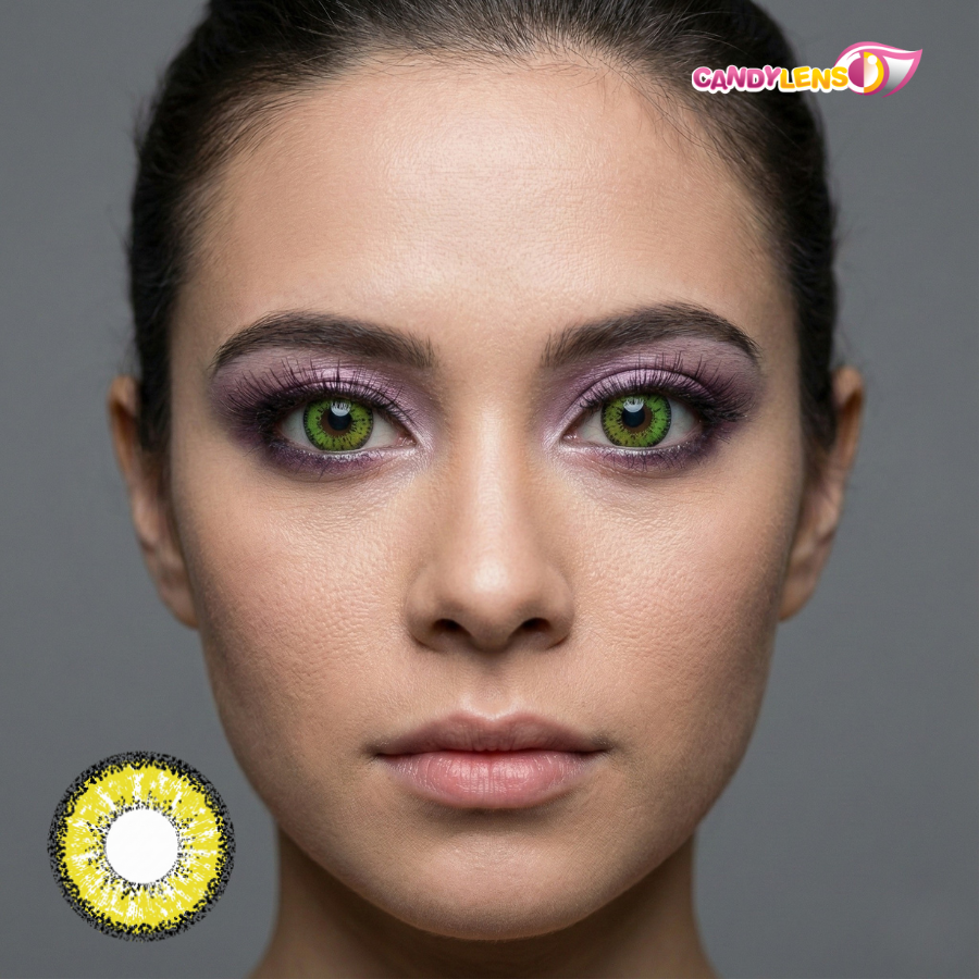 Woman with green eyes and purple makeup wearing Candy Lens contact lenses.